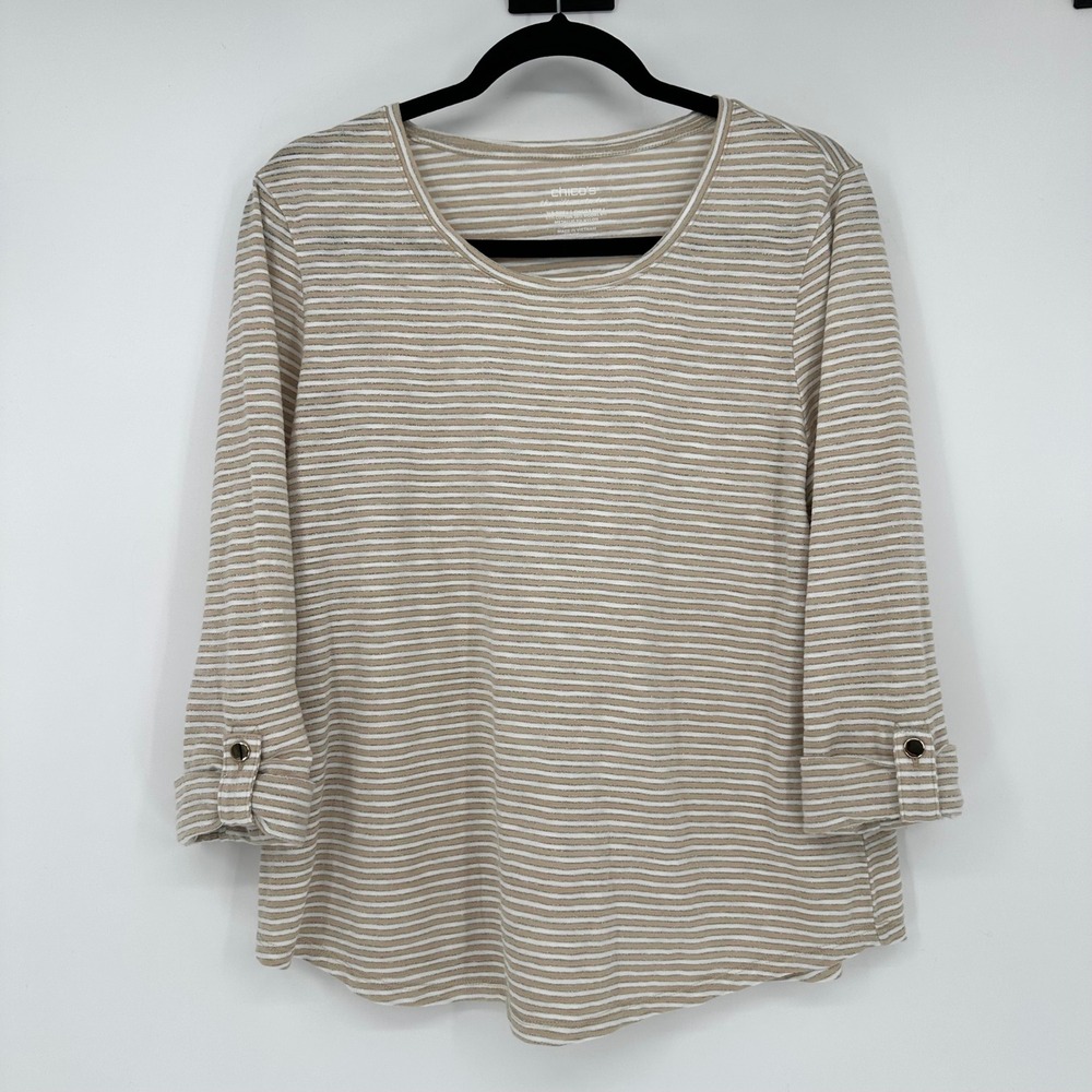 Chico's 2 The Unlimited Tee Beige Silver Metallic Striped Knit Scoop Neck Top L